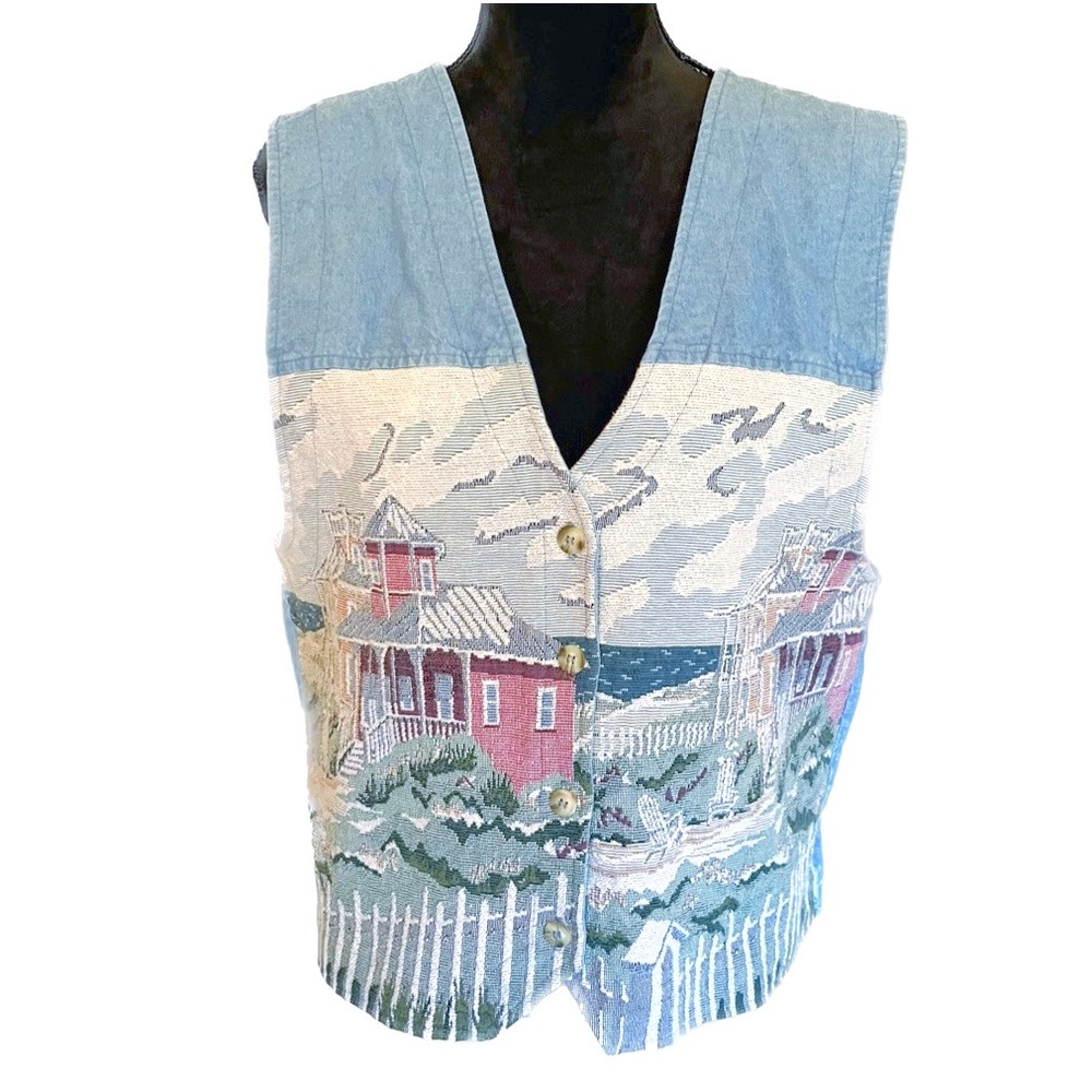 Vintage ORVIS Size XL Denim Tapestry Coastal Scene Vest - Picture 1 of 9